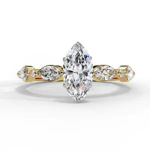 Bague de fiançailles en diamant de laboratoire taille marquise, or massif 18 carats, certifiée IGI, VVS E-F, style vintage accent ouest-est, bague fine - Product Image 1