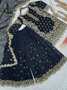 Conjunto de Kurti y Palazzo Negro Bordado, Salwar Kameez de Georgette Sintética con Dupatta para Bodas y Fiestas, para Mujer - Product Image 5