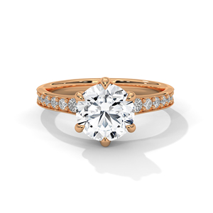 Anillo de oro rosa macizo de 14 quilates de diseño clásico hecho a mano con diamante cultivado en laboratorio de corte redondo de 6 puntas y banda pavé, anillo solitario para ella - Product Image 1
