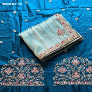 Sari de satén Gabhana para uso ocasional con bordado multihilo y cordón, diseño Butta y borde, y blusa con bordado de cordón para mujer. - Product Image 1