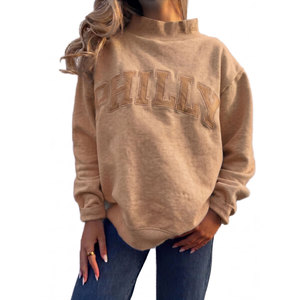 Sudadera Oversize de Cuello Redondo para Mujer con Bordado Frontal de Filadelfia, Color Liso, Tejido de Algodón/Fibra de Bambú, Manga Larga, Estilo Otoñal - Product Image 1
