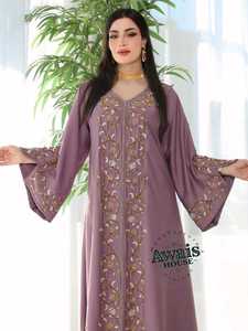 Awais House Women's Purple Embroidered Abaya V Neck Long Sleeve Floor Length Modest Dress Floral Pattern Rayon Material - Product Image 1