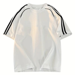 Men's <b>White</b> Short Sleeve T-<b>Shirt</b> O-Neck Oversized Fit Knitted Cotton Casual Style With <b>Black</b> <b>Stripes</b> On Sleeves T-<b>Shirt</b> - Product Image 1