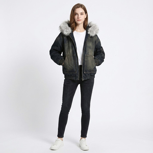 Custom Unisex Hooded Denim Jacket High Quality Cotton <b>Fleece</b> Zip-Up Sun-Faded <b>Black</b> Fur Lining Oversized Fit Winter Eco-Friendly - Product Image 5