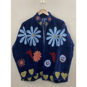 Hand Embroidered 100% Cotton Velvet Jacket Women Mandarin Collar Full Sleeve Floral <b>Pattern</b> Spring Bohemian Style Coat - Product Image 6