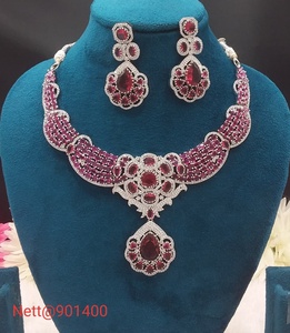 Classic <b>Silver</b> Plated Ruby Necklace and Earring <b>Set</b> Women's Floral Design Wedding Jewelry Alloy Fashion Jewelry <b>Sets</b> - Product Image 1