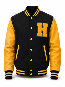Chaqueta Varsity Unisex Negra con Parches Amarillos, Letra H Bordada en la Parte Delantera, Manga de Lana/Poliéster, Cuello Camisero, Corte Regular - Product Image 1