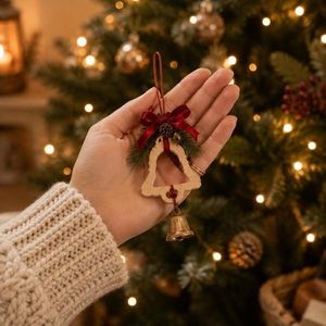 Rustic Wooden Christmas <b>Ornaments</b> Featuring Festive Hanging Bells <b>Red</b> Ribbons Pine Accents Perfect Holiday Tree Decoration - Product Image 6