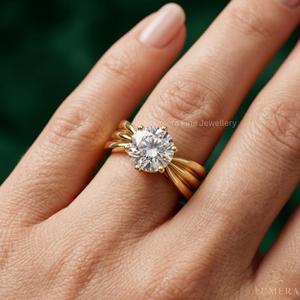 Anillo de Compromiso de Oro Amarillo de 9K, 10K, 14K, 18K con Diamante Cultivado en Laboratorio con Corte Redondo y Certificado IGI, Anillo de Boda Solitario de Lujo con Banda Ancha - Product Image 5