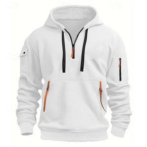 <b>Men's</b> <b>Burgundy</b> Quarter Zip <b>Hoodie</b> Regular Fit Solid Color Casual Knitted Sweatshirt with Pockets Autumn Wear - Product Image 5