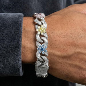 Pulsera de Lujo con Eslabones Cubanos y Diamantes CZ Florales para Hombre, Joyería Hip Hop, Chapado en Oro y Plata Personalizado, OEM ODM - Product Image 4