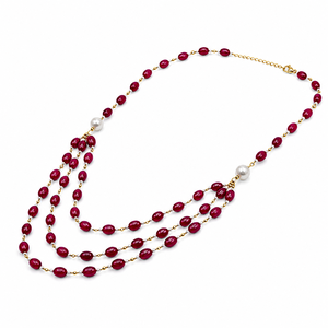 Custom Rhodium Plated <b>Necklace</b> Red <b>Ruby</b> Gemstone Bead Pearl Triple Strand Layered Haar Chain Fine Women Luxury Gift Jewelry - Product Image 2
