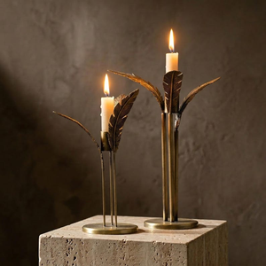Elegant Antique Iron Brass Finish Handmade Feather <b>Taper</b> <b>Candle</b> Holder Stand Set 2 Modern Metal Leaf Design Christmas Home Decor - Product Image 2