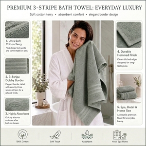 Toalla de Baño Verde Salvia Zero Twist de Algodón Suave con Diseño de Tres Rayas para Hogar, Spa, Hotel, Regalo, Boutique, Baño y Uso Diario - Product Image 3