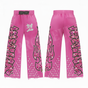 Pantalon de jogging OEM décontracté pour homme, couleur unie, motif flamme imprimé, coupe ample, en molleton avec strass, pour le fitness - Product Image 3