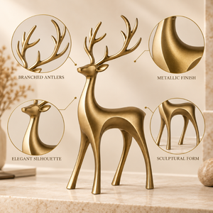 Sculpture de cerf doré avec bois de cerf moderne |   Figurine décorative pour salon, bureau, console, étagère, table, décoration d'intérieur, ornement - Product Image 3