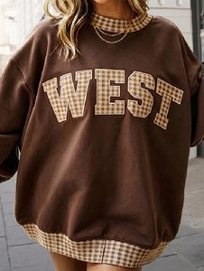 เสื้อสเวตเชิ้ตสีน้ำตาลตัวใหญ่ แต่งลายสก็อตแบบตะวันตก คอกลม สวมใส่ได้ทั้งชายและหญิง สไตล์ฤดูใบไม้ร่วง - Product Image 4