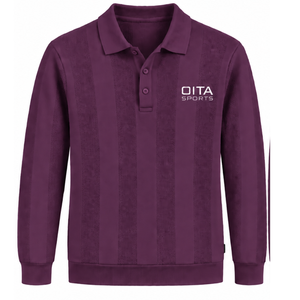 Plum Purple <b>Mens</b> <b>Long</b> <b>Sleeve</b> Knit <b>Polo</b> Sweater Textured Stripe Pattern Ribbed Collar Cuffs Smart Casual Premium Pullover <b>Shirt</b> - Product Image 1