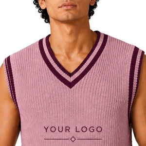 Gilet pull sans manches en tricot pour homme, rose poudré avec rayures contrastées prune, col en V, personnalisable avec logo, en laine et acrylique, OEM - Product Image 5