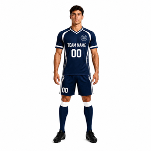 Custom Soccer Uniform Set Men's <b>Navy</b> Blue V-Neck Short Sleeve Jersey Kit with Team Name and Logo Sublimated Print - Product Image 1