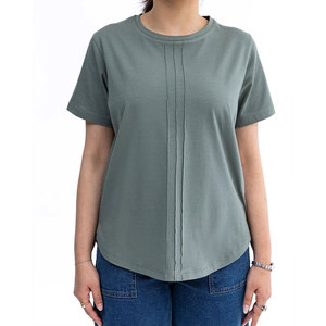 T-shirt pour femme, couleur unie, col rond, manches courtes, tricoté, plissé, minimaliste, coupe classique, toutes saisons, 100% polyester, appliques - Product Image 6