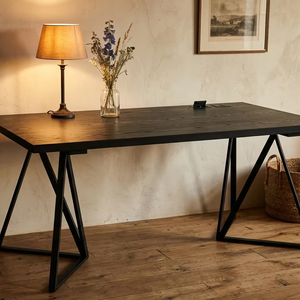 Fivia Square <b>Solid</b> <b>Wood</b> Dining <b>Table</b> Black Metal Base Eco-Friendly Durable Modern Industrial Design for Hotel Residential Use - Product Image 3