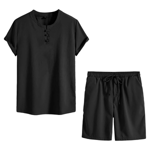 Conjunto de Camisa de Manga Corta y Pantalones Cortos de Algodón Blanco para Hombre, Traje Casual de Verano Transpirable de Dos Piezas, Tejido de Color Sólido - Product Image 2