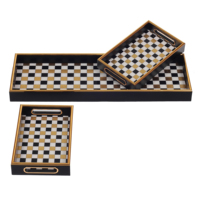 Jeu de 3 plateaux de service longs en verre avec cadre doré PS de luxe moderne avec impression d'échecs et de grilles de cartes
