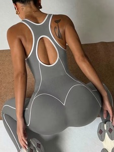 Women's Scoop Neck Sleeveless Seamless Athletic Jumpsuit | Full-Length Sculpting <b>Yoga</b> <b>Unitard</b> with Contrast Piping Trim - Product Image 5