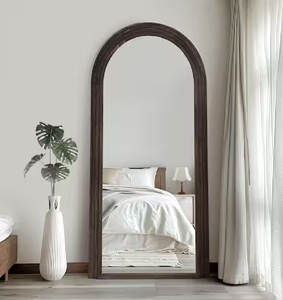 Modern <b>arched</b> <b>full</b> <b>length</b> floor <b>mirror</b> featuring a natural wood frame with woven cane accents, available at wholesale prices. - Product Image 3