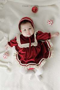 Combinaison en velours pour bébé fille CHAIKO HOUSE avec volants, col carré, manches bouffantes, style vintage, vêtements d'hiver pour nourrissons et tout-petits - Product Image 2