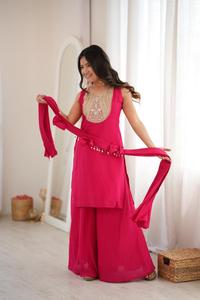 Ensemble de vêtements ethniques et accessoires : Haut en soie romaine véritable avec broderie miroir, pantalon palazzo et dupatta à motif nœud (HTU 67) - Product Image 2