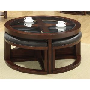 Set Tavolino da Caffè in Noce Scuro con Piano in Vetro e Pouf, Arredamento per Soggiorno - Product Image 1
