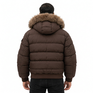 Men's Brown <b>Hooded</b> Puffer <b>Jacket</b> <b>Fur</b> Trim Zipper Closure Windproof Thick Cotton Filled Casual Winter Wear Worsted Fabric - Product Image 4