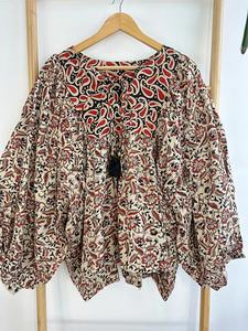 Blusa Bohemia informal Top Algodón puro Estampado floral terroso Indio Bagru Block Camiseta sin mangas bordada Ropa de día de verano - Product Image 3