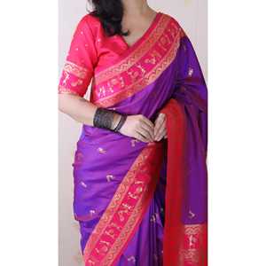 ผ้าซารีไหมเนื้อนุ่มสีม่วง ลายวาร์ลี งานฝีมือดั้งเดิม เสื้อผ้าอินเดียและปากีสถาน - Product Image 5