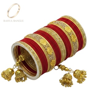 Premium Red Bridal Velvet Trending Gold Plated <b>Bangle</b> Set Premium Stone Work Golden Jhumki Kalire for Wedding Wholesale Price - Product Image 4