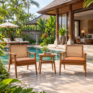 Fauteuil de salon d'extérieur en rotin et teck avec coussin, dossier tressé, pour patio, villa, bord de piscine - Product Image 1