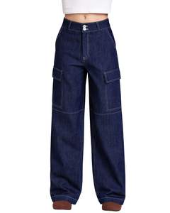 Jean cargo en denim bleu indigo personnalisé, taille haute, coupe large, avec poches à rabat, style streetwear, pantalon décontracté ample pour femme, sur mesure - Product Image 1