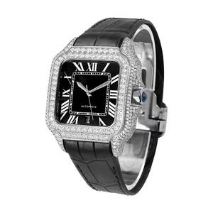 Reloj de pulsera cuadrado de diamantes de calidad premium con caja de acero inoxidable y correa de cuero negro para regalos de boda en venta. - Product Image 4