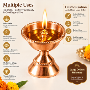 Polished Copper Diya Oil <b>Lamp</b> with Wide Bowl and Stand Traditional Pooja Deepak for Home Temple Decor Diwali Gift - Product Image 2