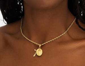 Gold Plated Rope <b>Chain</b> Pendant Necklace With <b>Cross</b> And Religious Medallion Unisex Everyday Wear Christian Jewelry - Product Image 1
