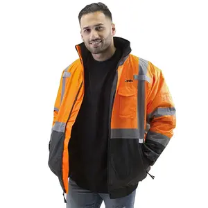 Chaqueta Bomber de seguridad para hombre, impermeable, reflectante, de alta visibilidad, con capucha desmontable, naranja