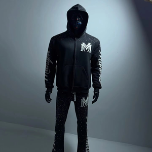Survêtement unisexe personnalisé, coupe évasée et courte, style jogging, avec fermeture éclair effet délavé, broderie et strass, couleur unie, style hip-hop, hiver, respirant, pour le sport - Product Image 4