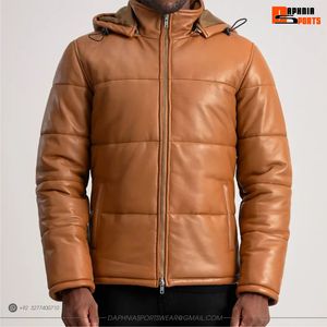Veste matelassée à capuche en cuir PU marron pour homme, coupe-vent, épaisse, matelassée, décontractée, fermeture éclair, coupe régulière, veste en cuir - Product Image 5