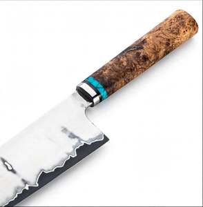 Couteau de chef artisanal en acier San Mai à haute teneur en carbone, manche en bois de burl avec accent turquoise, outil culinaire - Product Image 4
