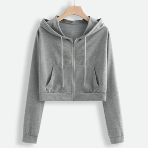 Women's Gray Cropped Hoodie Zip-Up Sweatshirt Long Sleeve Solid Color Breathable Knitted Hooded <b>Top</b> Autumn Wear - Product Image 1