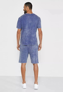 Men's Blue Cotton <b>Tracksuit</b> Set Crew Neck Short Sleeve Shorts Loose Fit Breathable Casual Summer Wear Solid Color With Pockets - Product Image 6