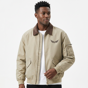 <b>Men's</b> Casual <b>Blouson</b> <b>Jacket</b> Solid Color Turn-down Collar Zipper Embroidered Logo Front Pocket Design Worsted Fabric Breathable - Product Image 3