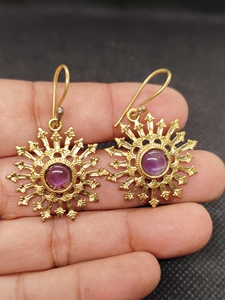 <b>Beautiful</b> Natural Fancy Shape Amehyst Gemstone Brass <b>Earrings</b>, Indian Gold Plated Brass Jewelry - Product Image 3